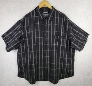 Preppy Men Shirt Short Sleeve Button Black White Plaid Pocket Dad Casual Sz 2X